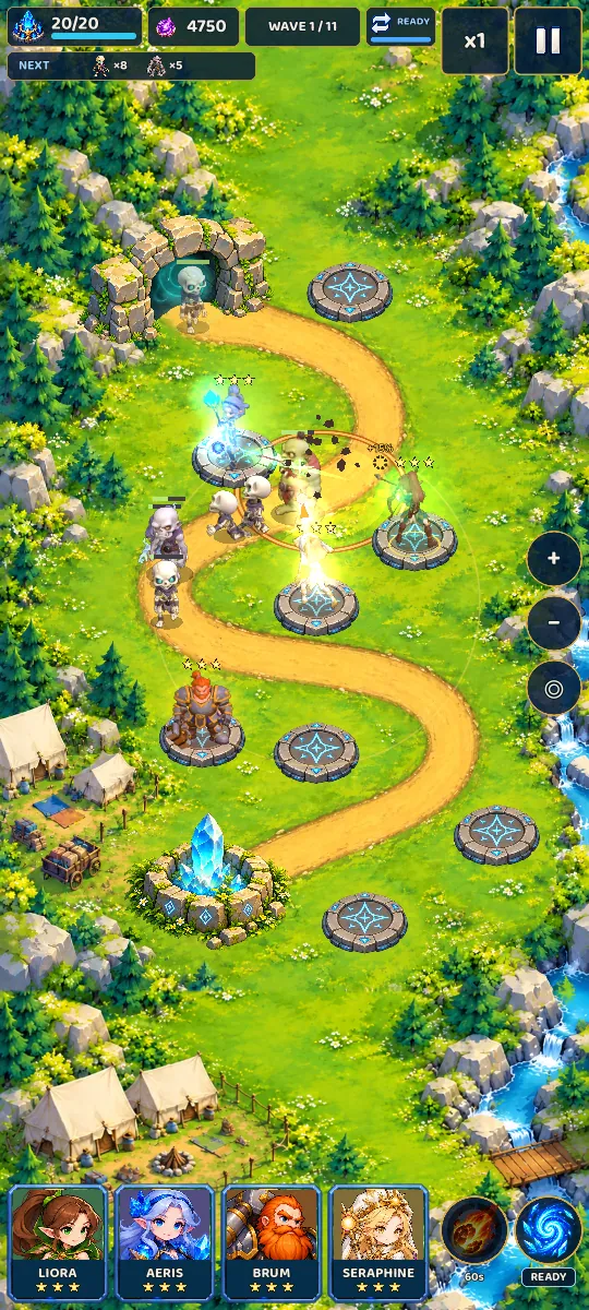 A battle in the green valley: Heroes on stone pads beside a winding road, a meteor landing on enemies