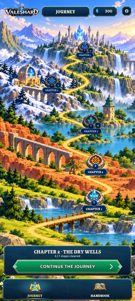 The journey screen: five chapters along a road up to a crystal citadel