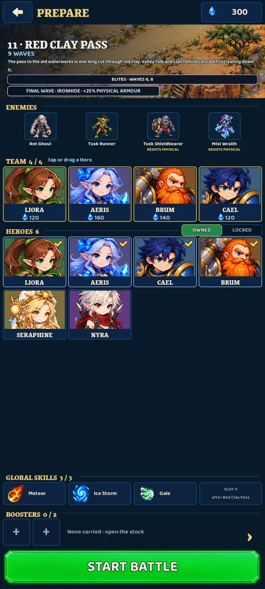 The preparation screen: the enemies of the stage, a team of four Heroes and the skills carried