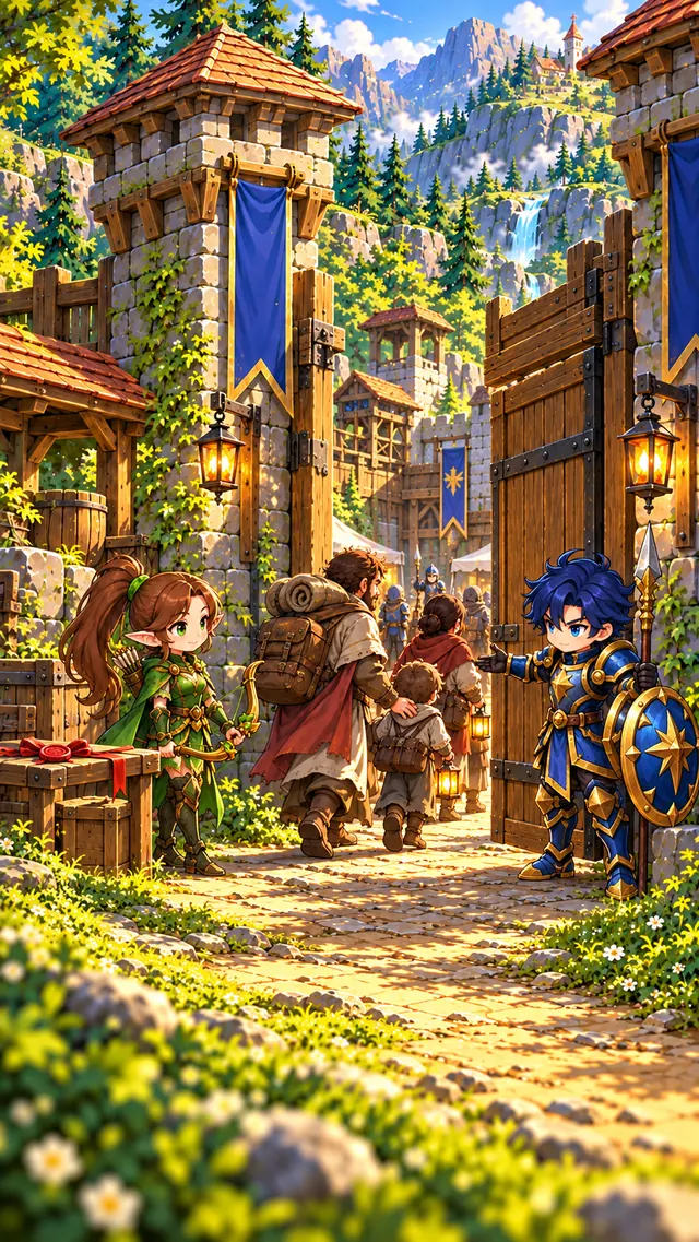 Cael, a young knight with a spear, meeting Liora